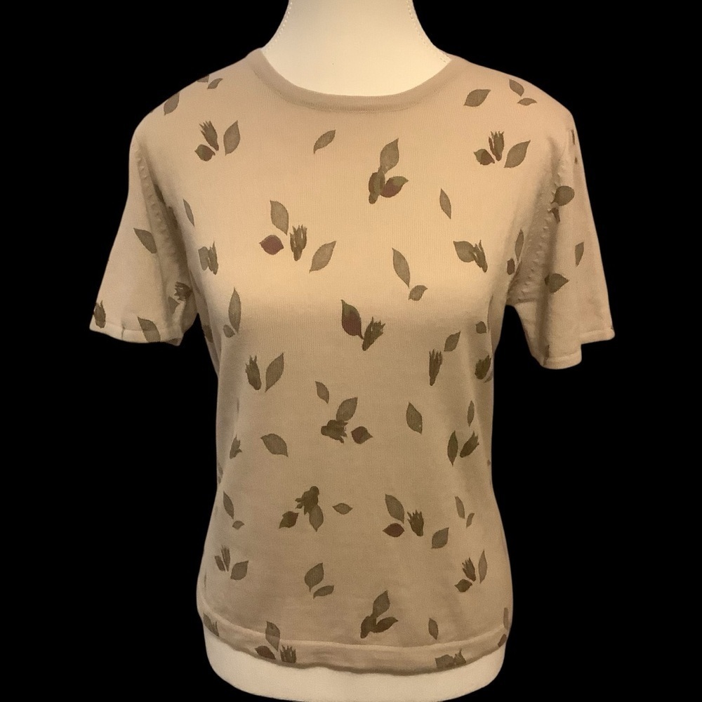 DALIA TAN LEAF PATTERN/ LAMBSWOOL BLEND SHORT SLEEVE SWEATER/ TOP/ Size M